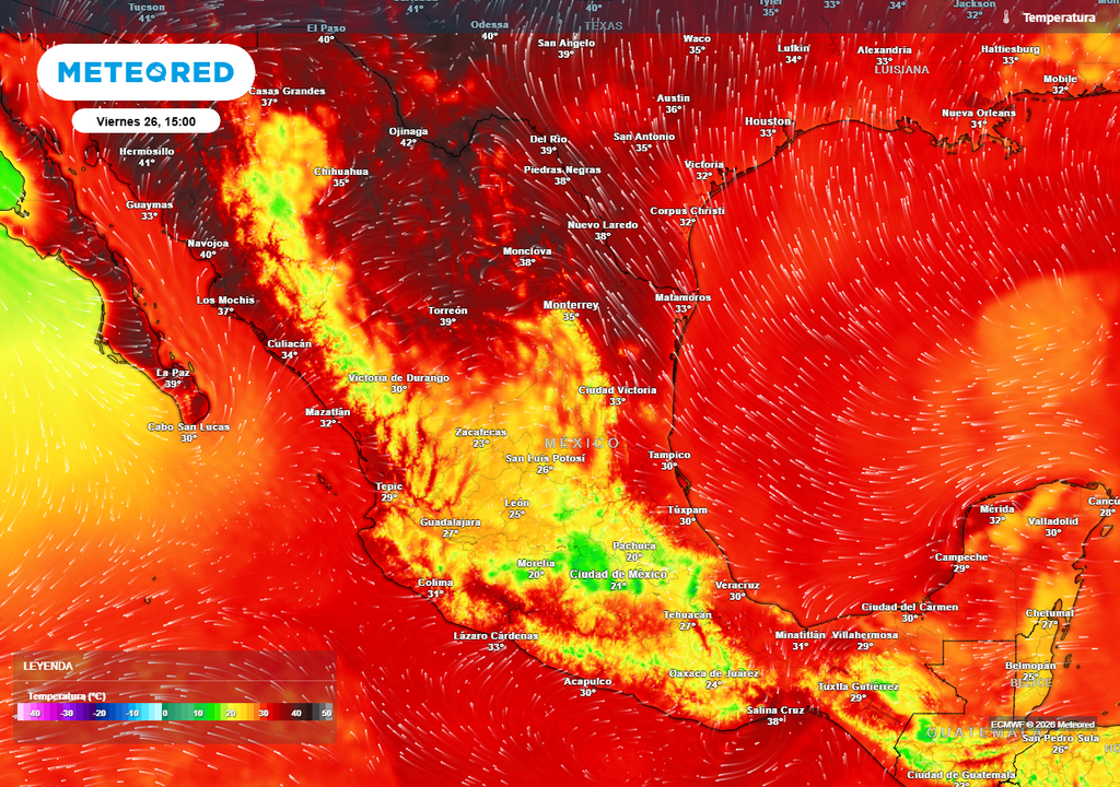 Pronóstico de temperaturas en grados Celsius El calorón veraniego se mantendrá en todo el norte con 35-45 °C, alcanzando Golfo de México y sureste, mientras el Altiplano se refresca con 15-25 °C.