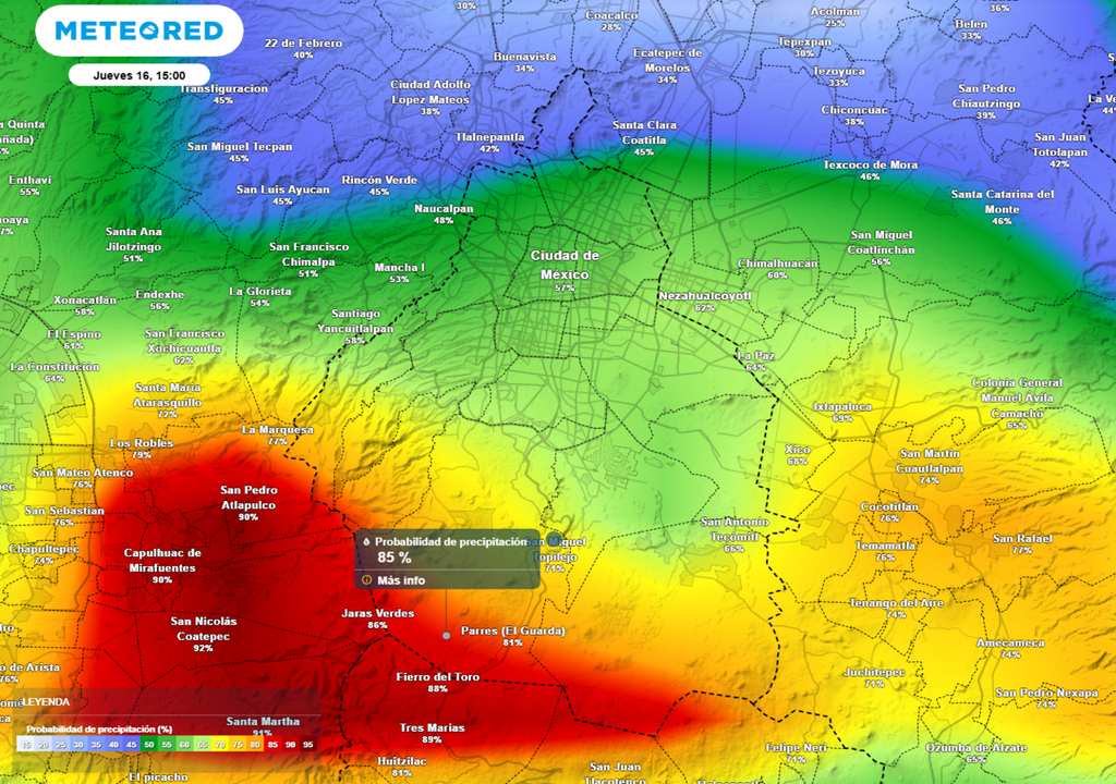 La mayor porbabilidad de lluvia se concentrará en la parte alta de la zona montañosa del sur y poniente.
