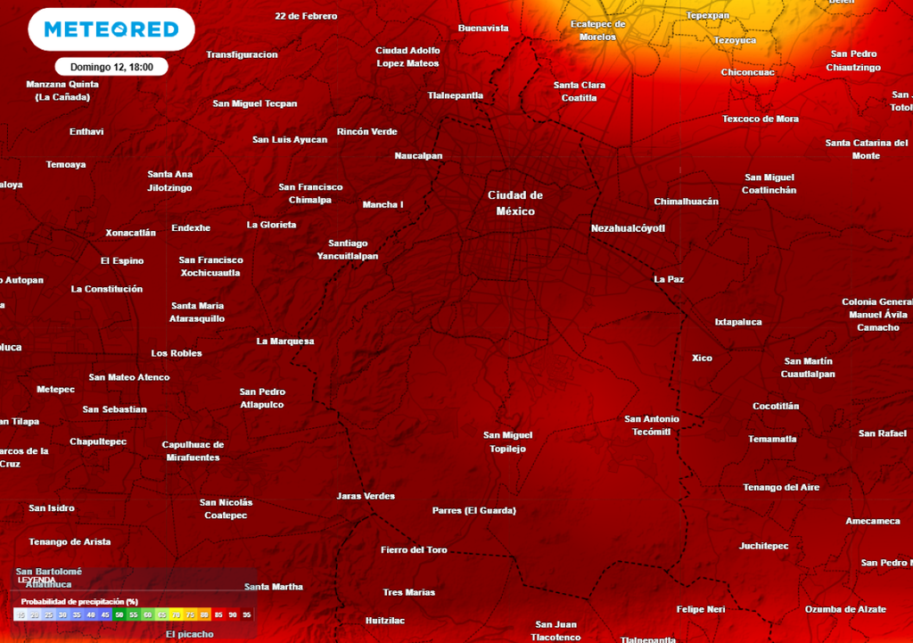 La probabilidad de lluvias fuertes en toda la capital para este domingo 12 está entre el 95 y 100% por la tarde. La probabilidad de lluvias fuertes en toda la capital para este domingo 12 está entre el 95 y 100% por la tarde. ¡Considera salir con paraguas!