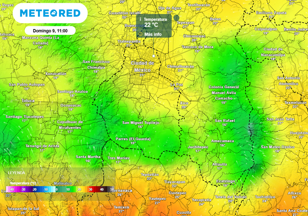 temperatura Al final de la mañana la temperatura rondará los 22 °C hacia el norte y oriente de la capital, mientras que en la zona montañosa será inferior a 16°C.