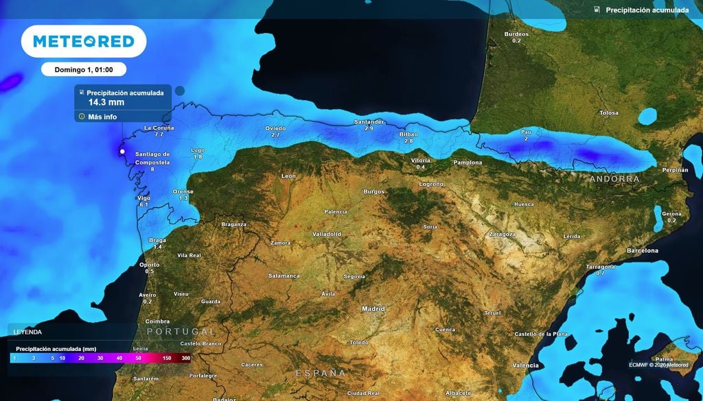 Las precipitaciones quedarán restringidas a la región de Galicia y al extremo norte peninsular.