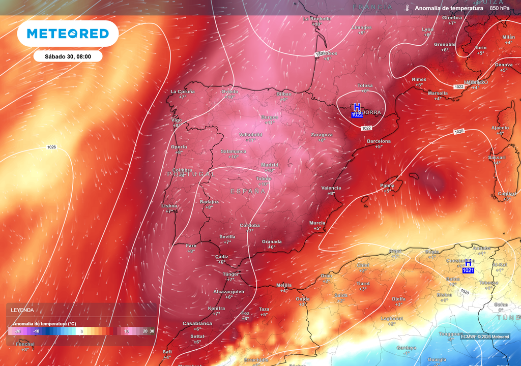 Las temperaturas se mantienen muy por encima de la media habitual a unos 1500 m, dando una idea de la potencia de la masa de aire.