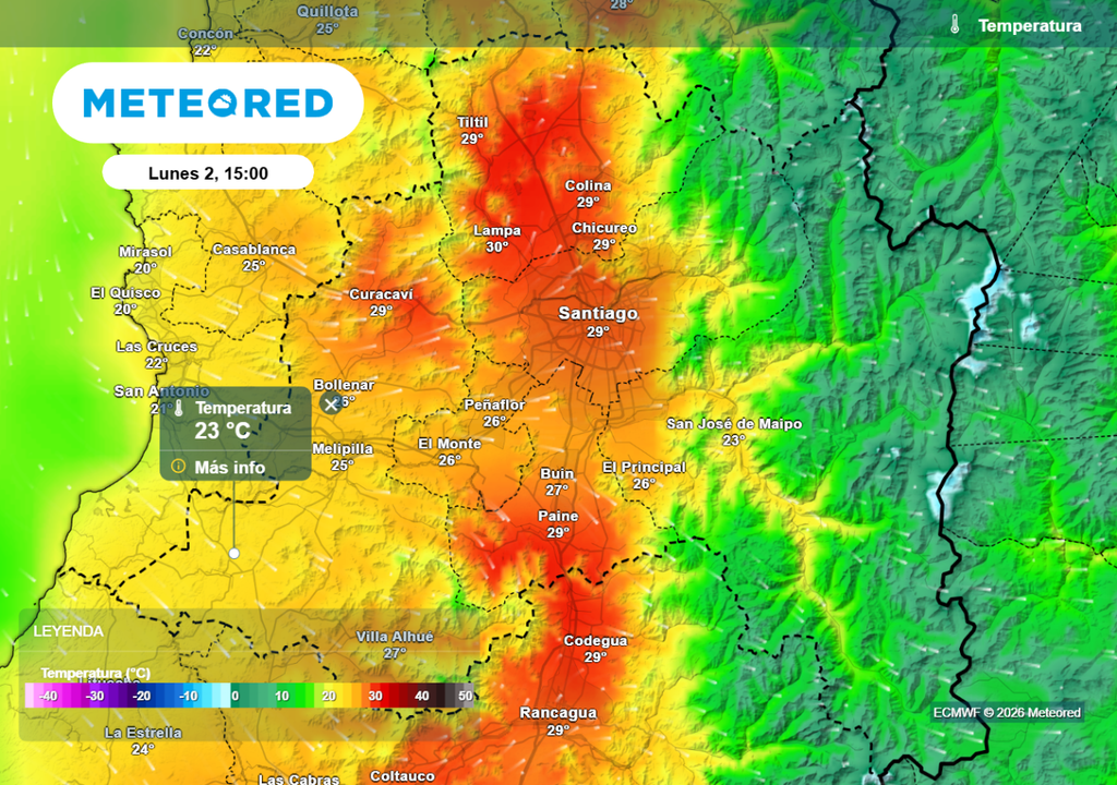 ECMWF Gran parte de la Región Metropolitana presentará máximas bajos los 30 °C el próximo lunes.