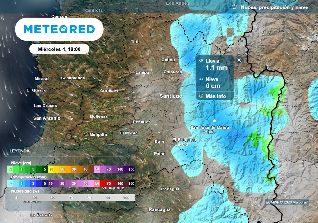 Nubes y lluvias Zonas cordilleranas y precordilleranas de la RM verán chubascos la próxima semana.