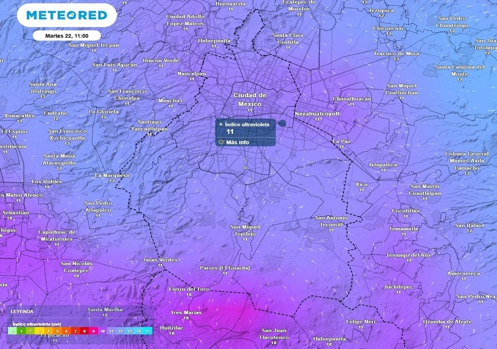 Altos valores de radiación ultravioleta entre las 11:00 y las 15:00 horas, se alcanzará un factor 11.