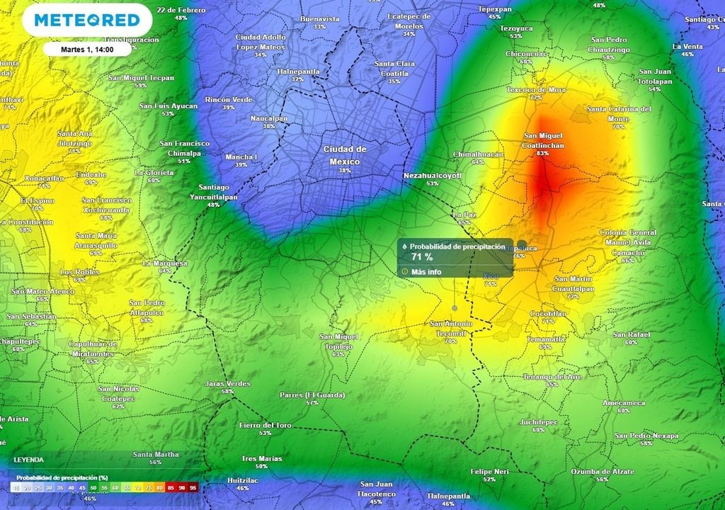 lluvia Alta probbailidad de lluvia en la zona montañosa del sur a partir de las 14:00 horas. En el transcurso de la tarde la precipitación se desplazará al resto de la ciudad.