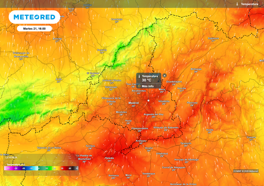 Temperaturas máximas Mapa de las temperaturas previstas en la Comunidad de Madrid durante la tarde de mañana, según el modelo europeo.