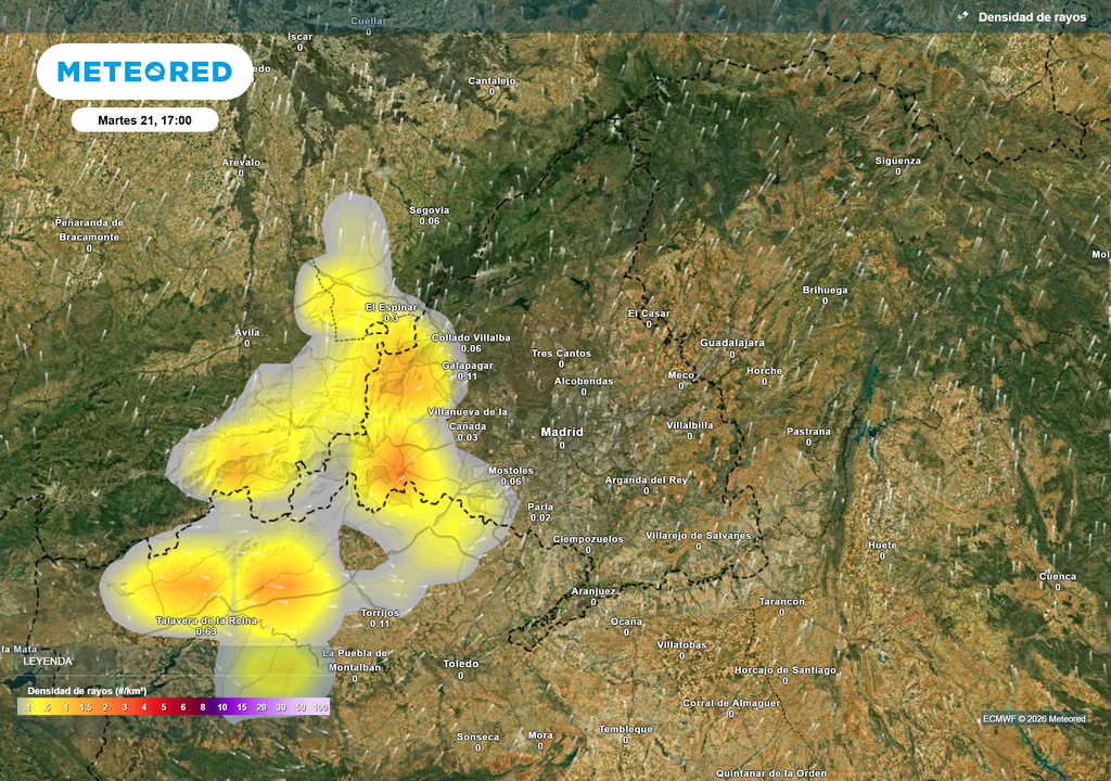 Densidad de rayos Mapa de densidad de rayos prevista en la Comunidad de Madrid durante la tarde de mañana, según el modelo europeo.