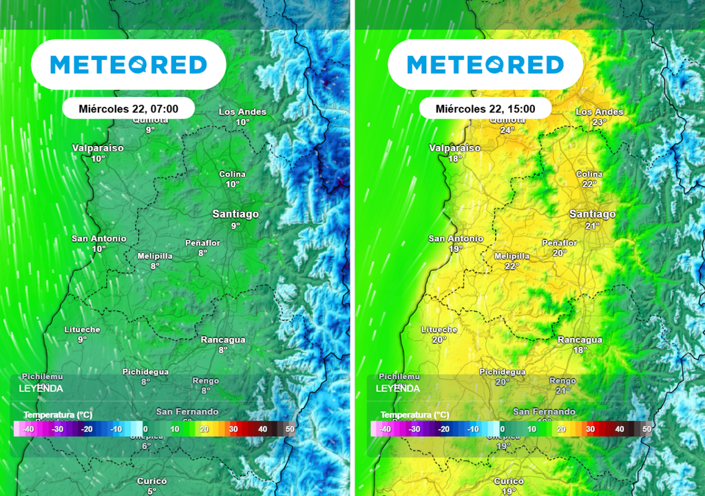 Temperaturas mínimas cercanas a los 9 °C en Santiago y máximas ligeramente sobre los 20 °C según el modelo europeo este miércoles.