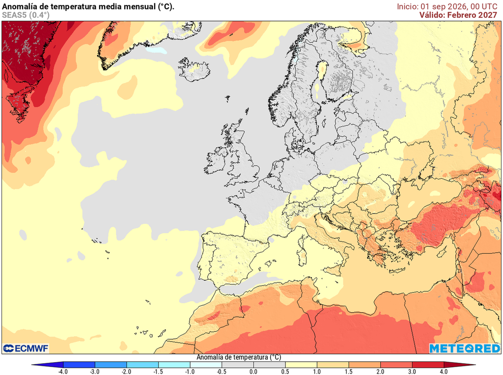 Tendencia de temperatura para febrero de 2027. Tras un comienzo de invierno suave, las irrupciones frías podrían dejar un ambiente más típico para las fechas en varios países europeos.
