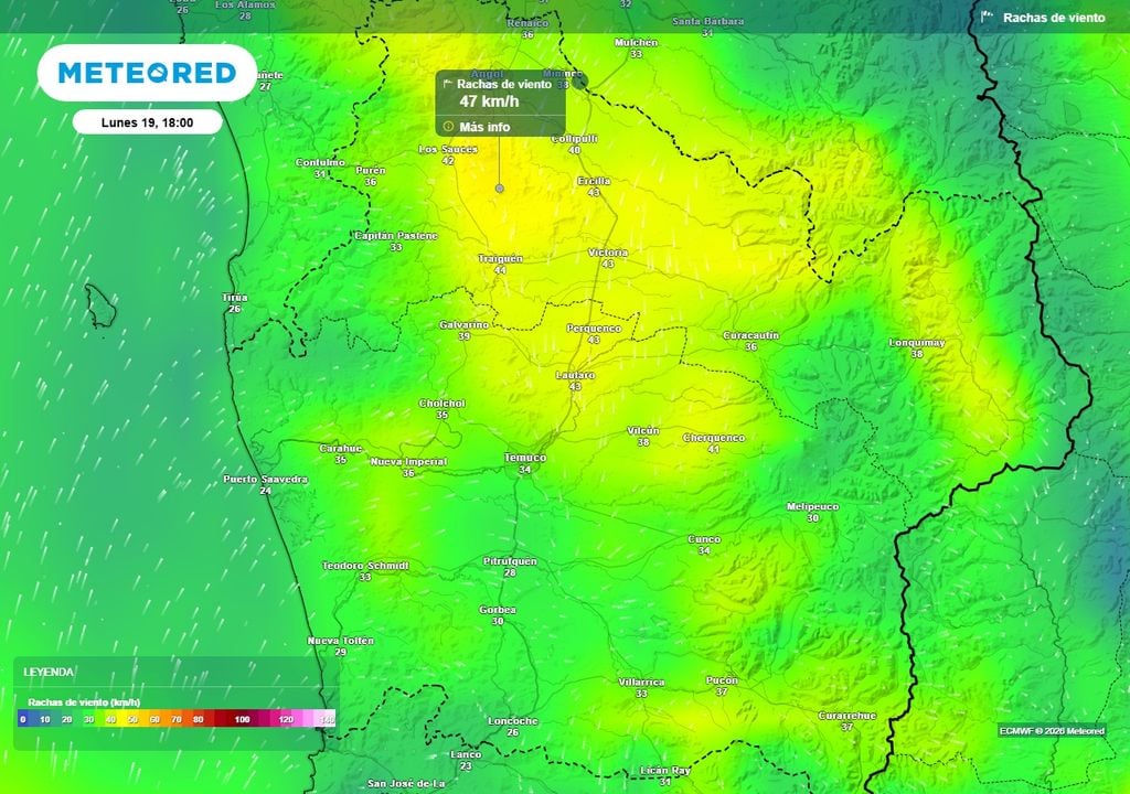 Hasta 2 bajas segregadas se pronostican para la próxima semana en Chile centro-sur Rachas de viento (km/h) para la tarde del lunes (19) en la región de La Araucanía.