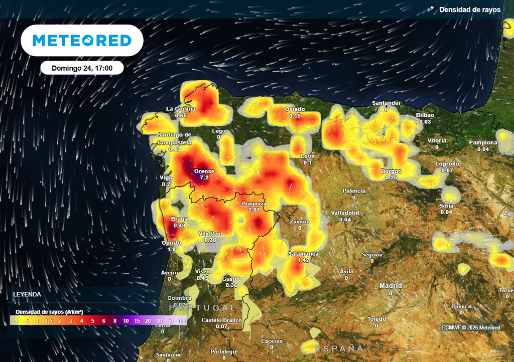 La actividad eléctrica asociada a las tormentas de este fin de semana será significativa en las regiones del noroeste peninsular, según el modelo europeo.