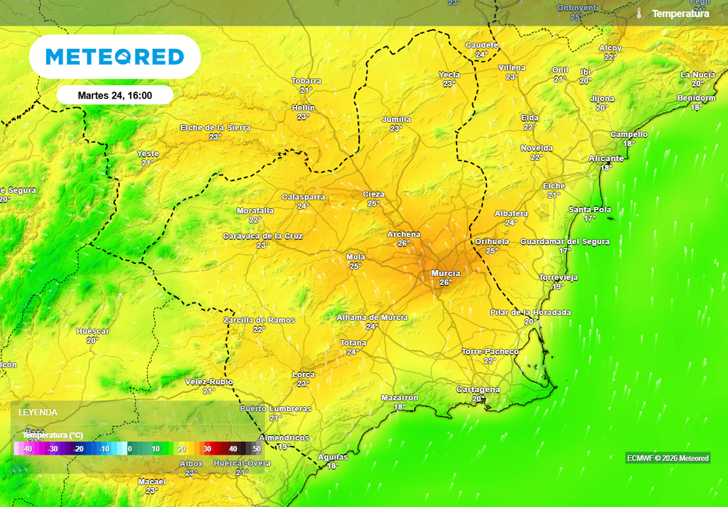 La próxima semana podría comenzar con temperaturas diurnas de más de 25 ºC en la ciudad de Murcia.