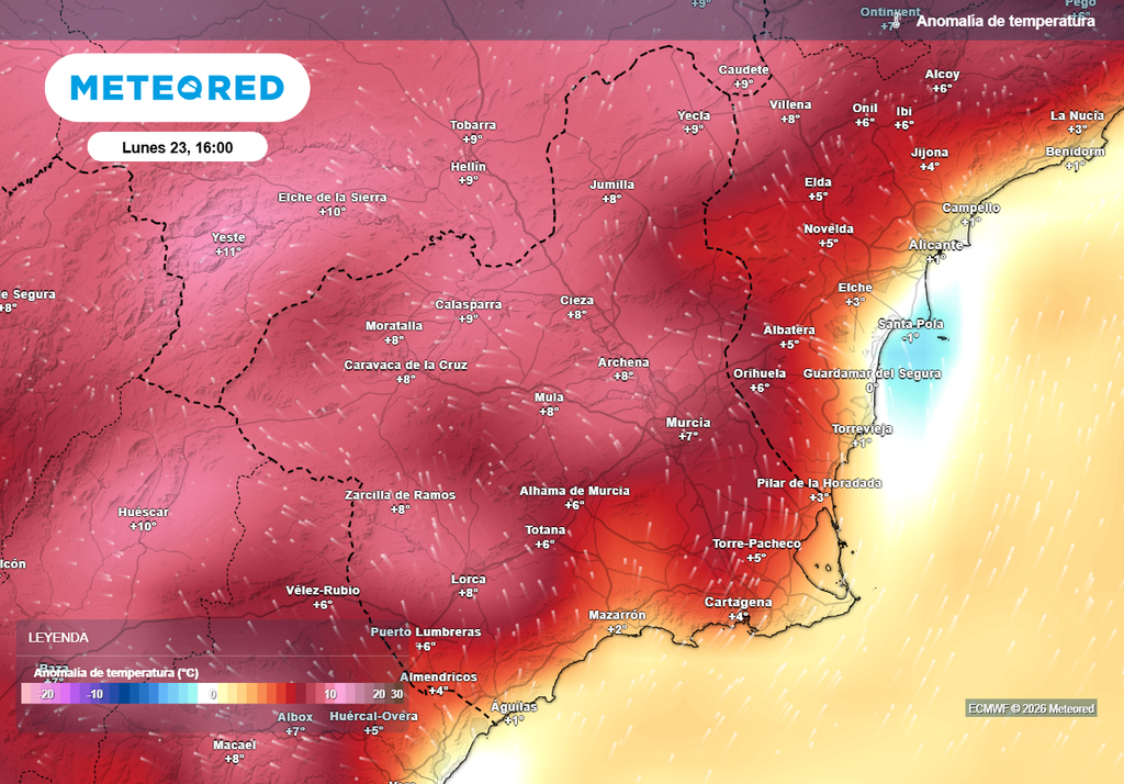 Las anomalías positivas serán más importantes en el prelitoral e interior de la Región de Murcia, mientras que en la costa las brisas contendrán el ascenso térmico.
