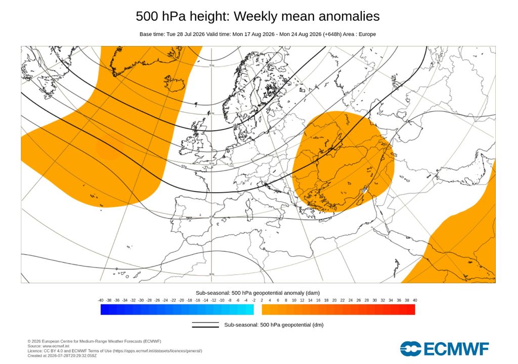 Anomalías medias previstas de geopotencial a 500 hPa entre el 17 y el 24 de agosto. El modelo europeo ya no dibuja una dorsal sobre la Península, sino una circulación más ondulada en Europa con posibles ondas o vaguadas. Fuente: ECMWF.