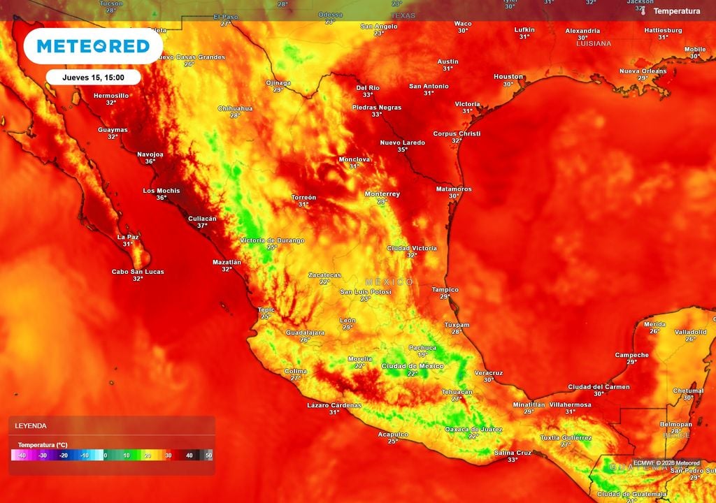 Pronóstico de temperaturas en grados Celsius El calor se sentirá esta tarde, previo al aire polar-ártico y lluvias; se estiman de 33-39 °C noroeste, noreste y sureste; el Altiplano de 20-30 °C.