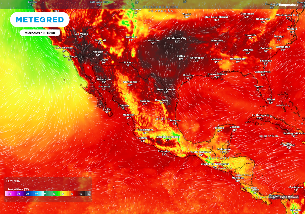 Pronóstico de temperaturas en grados Celsius Temperaturas entre 35-45 °C van a continuar en estados del norte, mientras las lluvias logran refrescar un poco el resto del país.