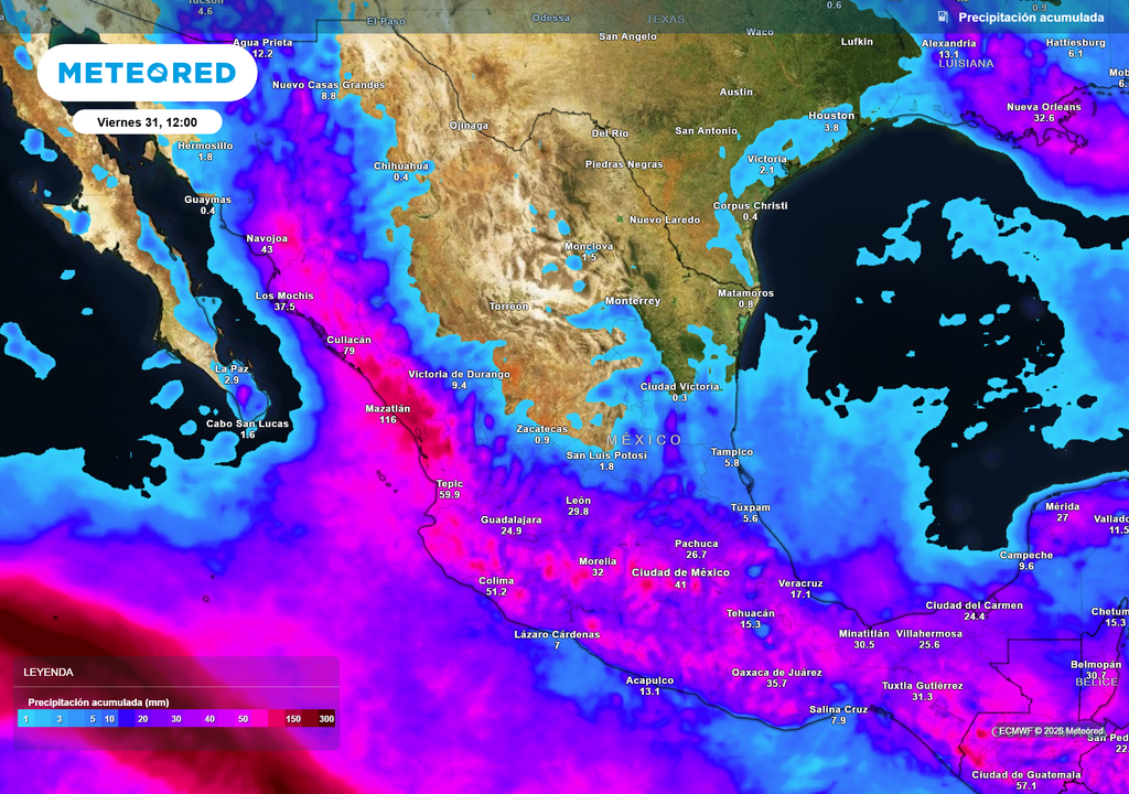 Pronóstico de lluvias acumuladas en milímetros Llegarán fuertes lluvias y tormentas sobre la Sierra Madre Occidental, centro, sur y sureste de México para finalizar julio con más de 100 mm.