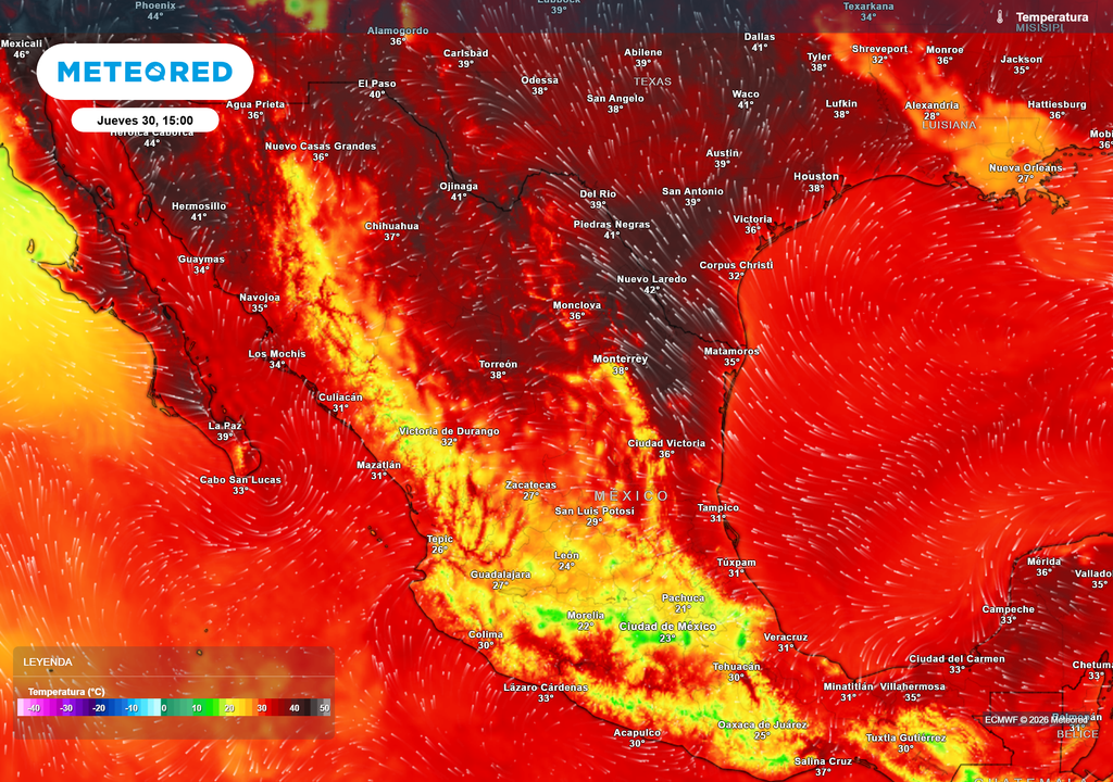 Pronóstico de temperaturas en grados Celsius El calor seguirá intensos en el norte con 40-45 °C, incluso de 50 °C o más entre Mexicali y San Luis Río Colorado; las costas rondarían los 25-35 °C y el Altiplano 15-25 °C.