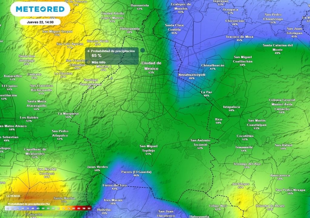 lluvia La mayor probabilidad de lluvia se mantendrá hacia la zona montañosa del sur y poniente entre las 14:00 y 19:00 horas.