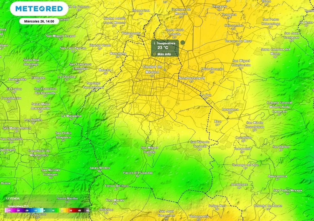 temperatura Será una tarde ligeramente cálida hacia las alcaldías del centro, norte y oriente, la temperatura máxima oscilará entre 23 y 25 °C.