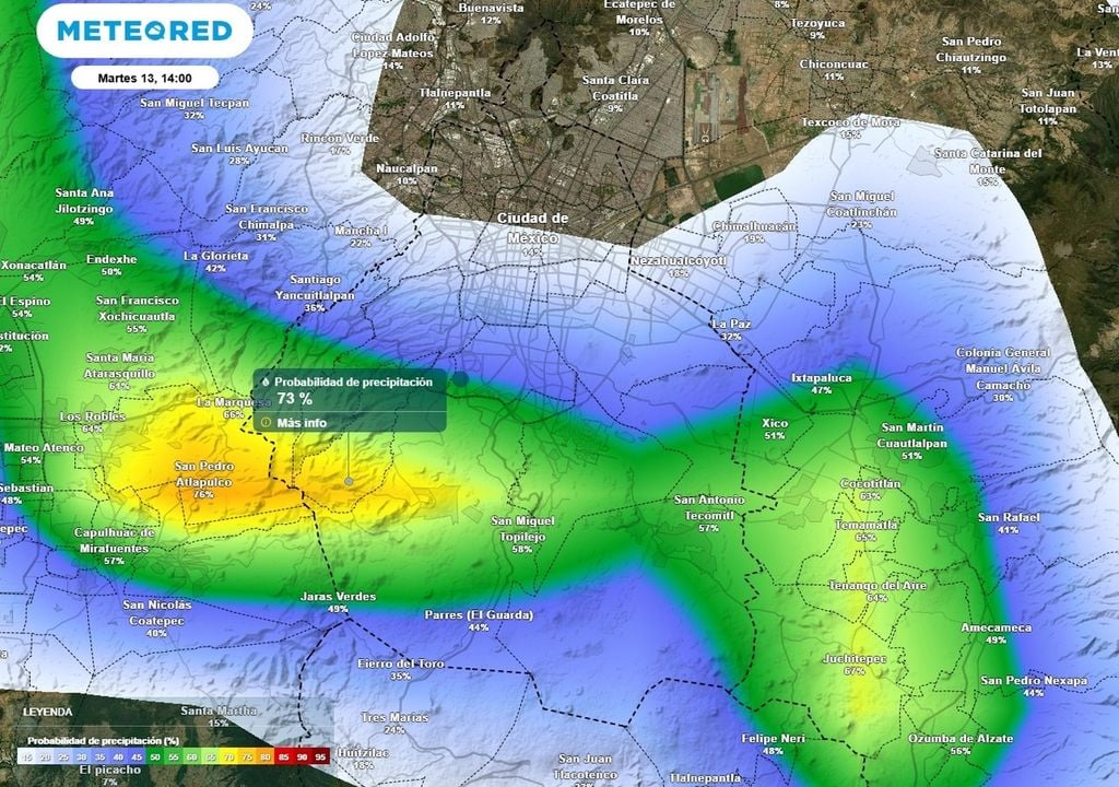 lluvia La mayor probabilidad de lluvia rondará el 70 % hacia la parte más elevadas de las alcaldías del sur de la capital.