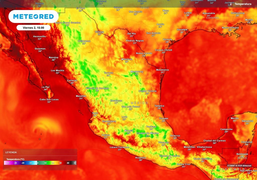 El calor sigue disminuyendo de extensión con 20-30 °C en promedio, estando lo más fresco de norte a centro, siendo el noroeste y sureste superando 35 °C.