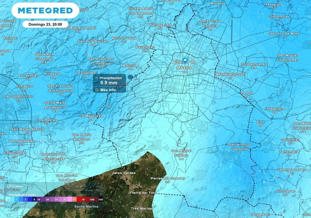 pronostico; el tiempo; Ciudad de Mexico Hacia la tarde-noche, el modelo muestra una cobertura de lluvia extensa sobre la capital, aunque con menor intensidad en muchos sectores.