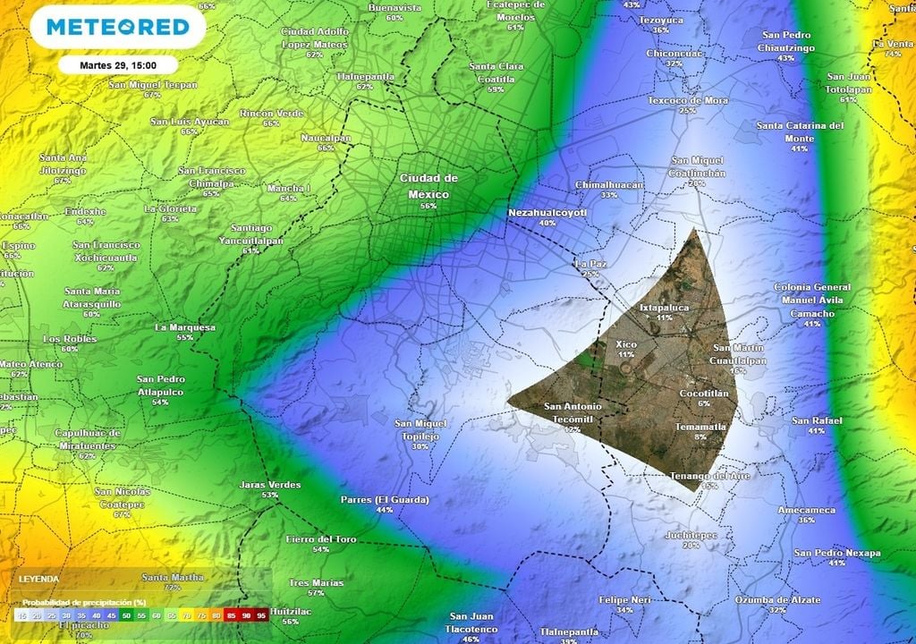lluvia Esta tarde la probabilidad de lluvia en la Ciudad de México aumentará rápidamente a partir de las 14:00 horas.