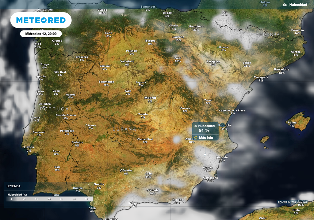 Previsión de nubosidad a las 20:00 h del miércoles, día del eclipse. Fuente: modelo europeo.
