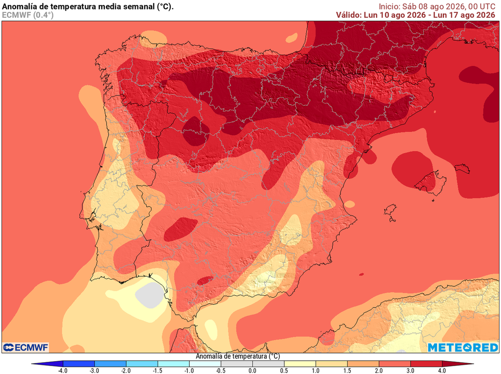 Las anomalías térmicas positivas serán muy destacables en el tercio norte, donde se esperan temperaturas de más de 4 ºC por encima de la media de la época.