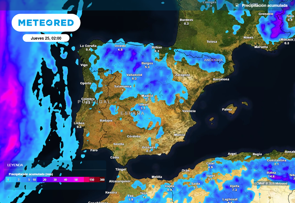 Precipitaciones previstas por el modelo europeo hasta el próximo jueves. En general, no se esperan acumulados muy significativos, y la actividad se concentrará en el interior y en el norte.