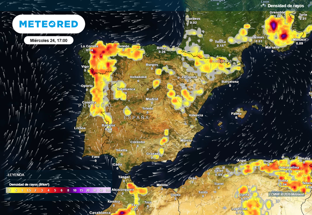 Durante la primera parte de la semana lo más destacable que dejarán las tormentas serán los rayos y los fuertes vientos asociados a las mismas.