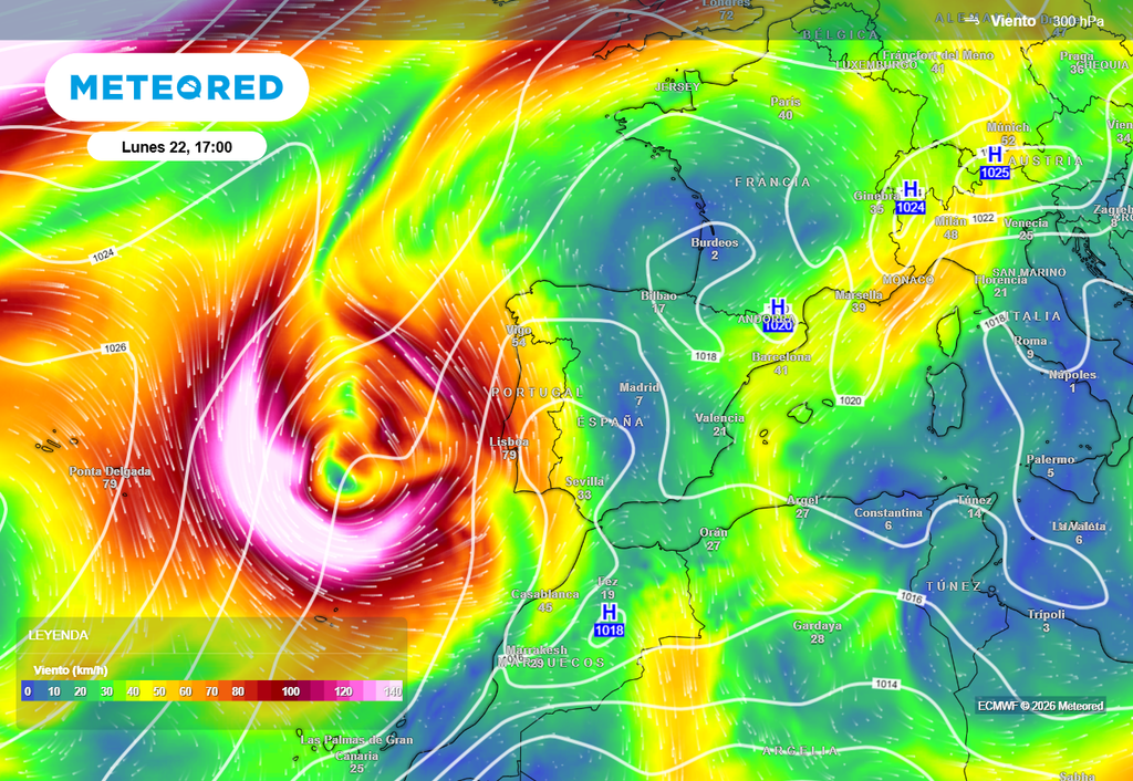 La dana al oeste peninsular queda perfectamente reflejada en el campo de vientos en niveles altos (300 hPa). Esta configuración en verano suele ser sinónimo de grandes olas de calor.