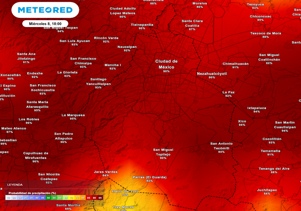 pronostico; el tiempo; CDMX; lluvia Se mantiene muy alta la probabilidad de lluvias y tormentas eléctricas durante la tarde y noche de este miércoles 8 de julio.