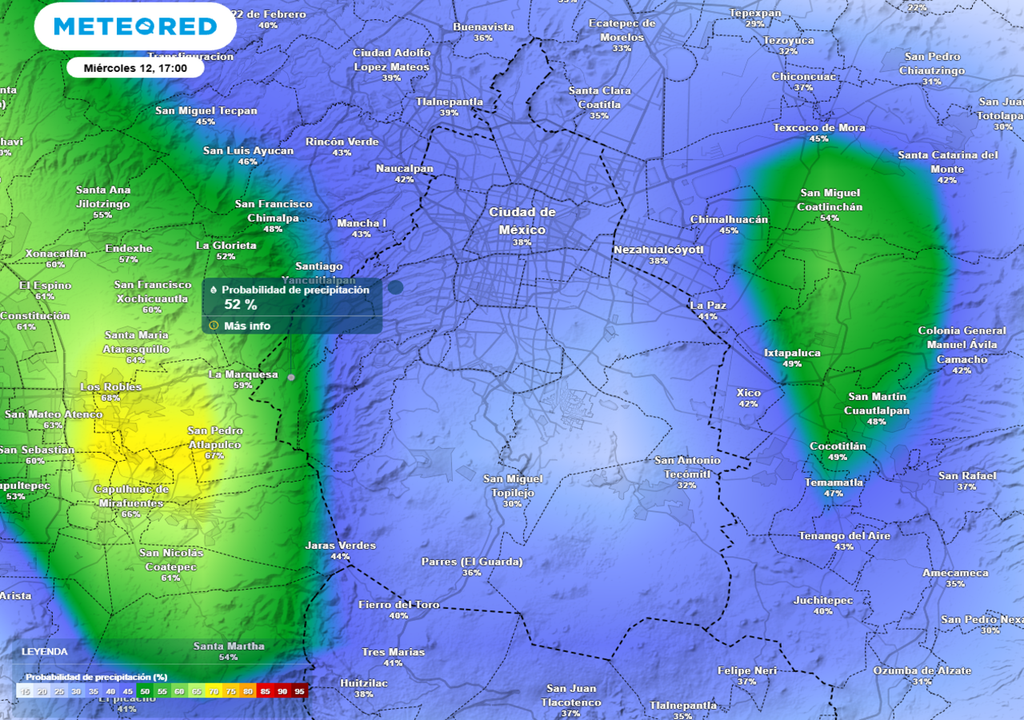 lluvia A las 17:00 hpras la mayor probababilidad de lluvia se concentrará en la zona montañosa del poniente de la capital.
