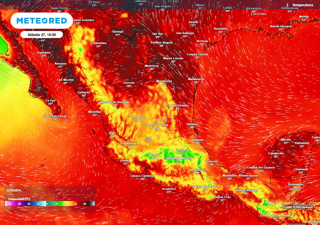 El calorón de 40-45 °C seguirá al norte y sureste del territorio mexicano donde las lluvias serán escasas. El Altiplano se estima con 15-25 °C con lluvias.