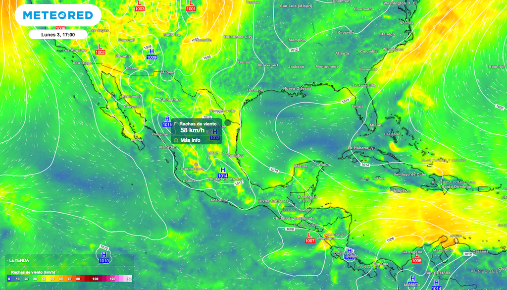 Las rachas de viento de hasta 70 km/h se registran junto a núcleos de tormenta. Las rachas de viento de hasta 70 km/h se registran junto a núcleos de tormenta.
