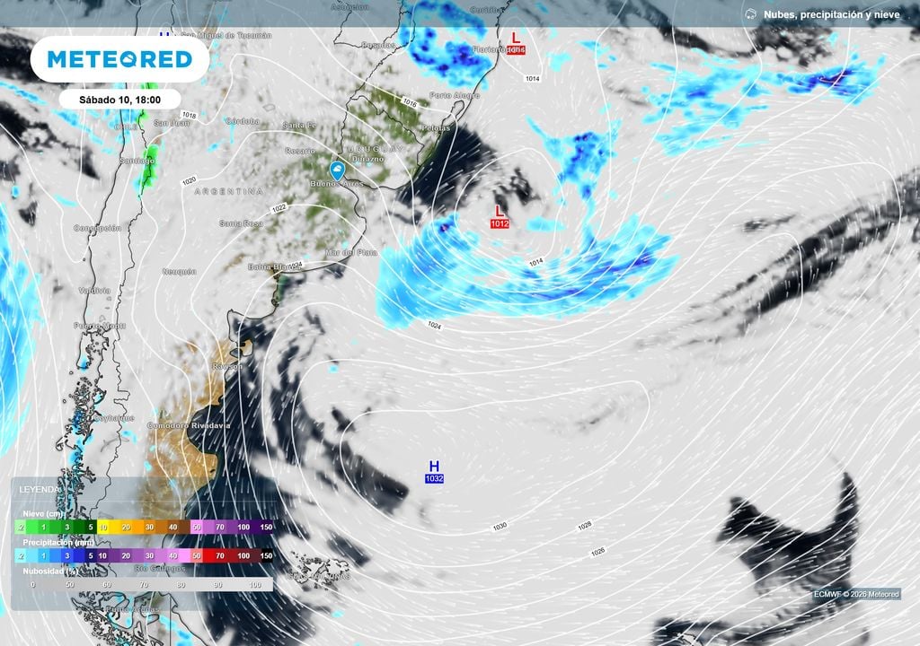 Nubes_ precipitación y nieve Sábado 10 de Octubre a las 18 h. Un Anticiclón de bloqueo frente a las costas de la Patagonia mantiene una circulación del sector este en AMBA.