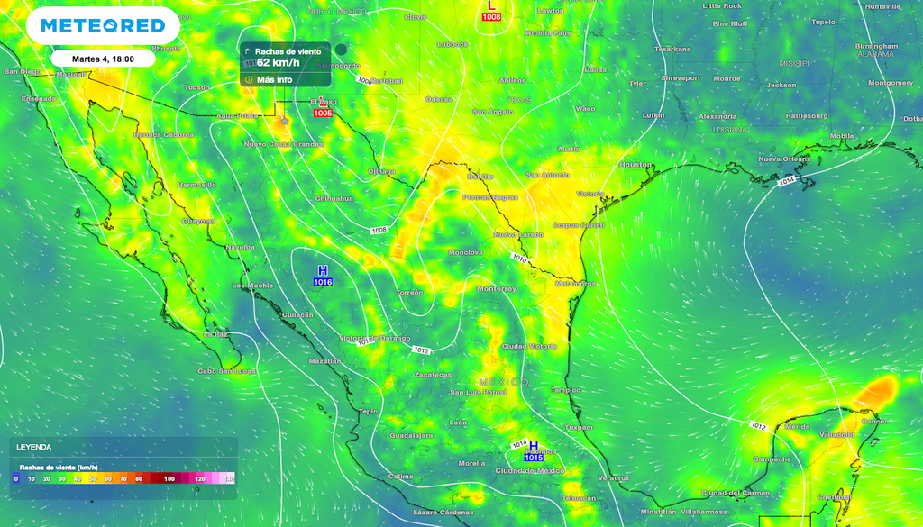 Las rachas más fuertes de vientos serán sobre el Norte, con valores en las rachas de hasta 70 km/h.