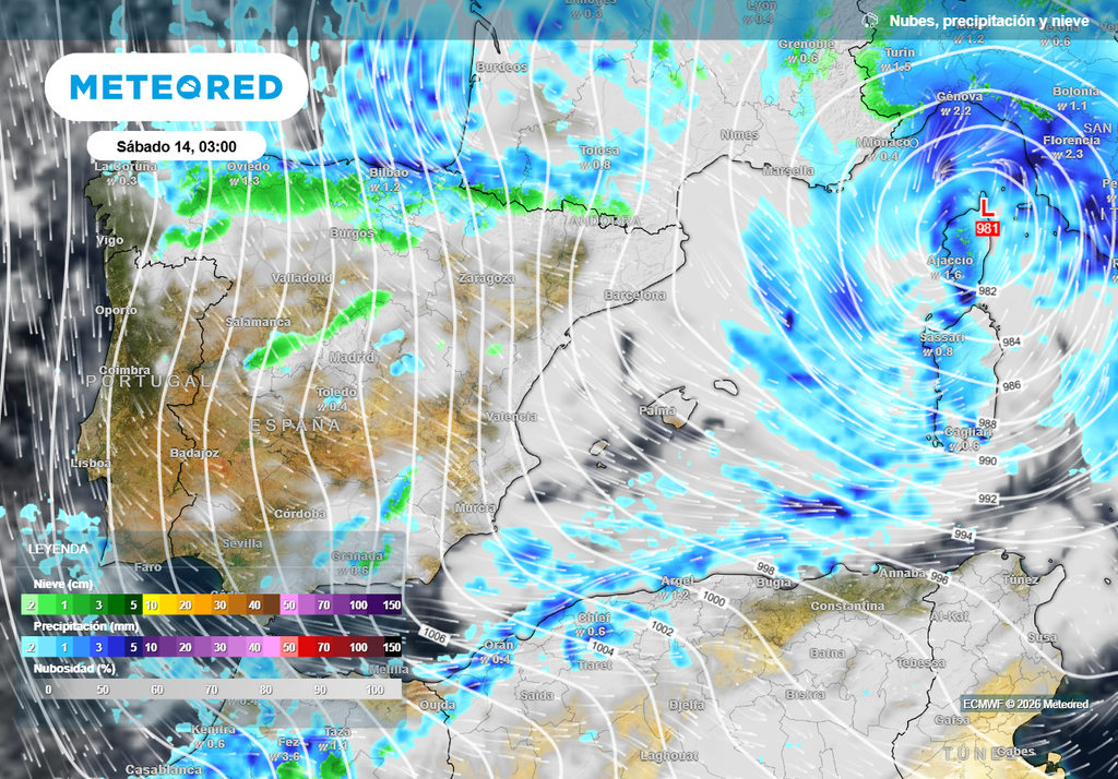 La borrasca impulsará un flujo muy intenso del norte, concentrándose las precipitaciones en el extremo septentrional.