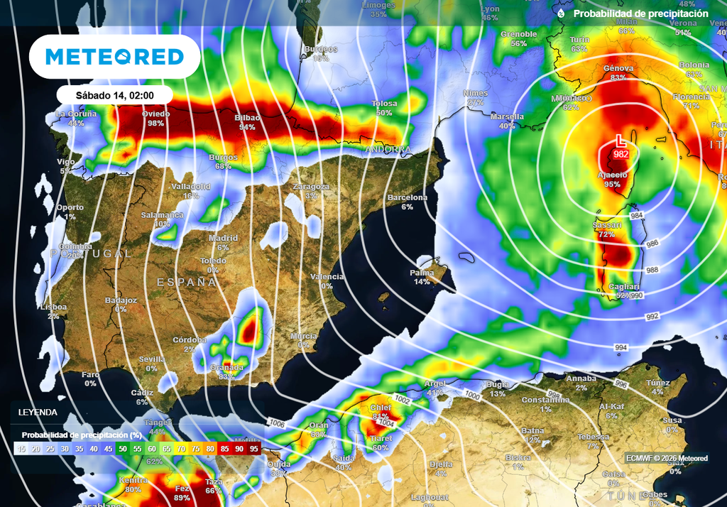Con estas circulaciones de norte, las precipitaciones suelen ser más cuantiosas y persistentes en la Cordillera Cantábrica, norte de Navarra y Pirineos, mientras que en otras cordilleras suelen reactivarse.