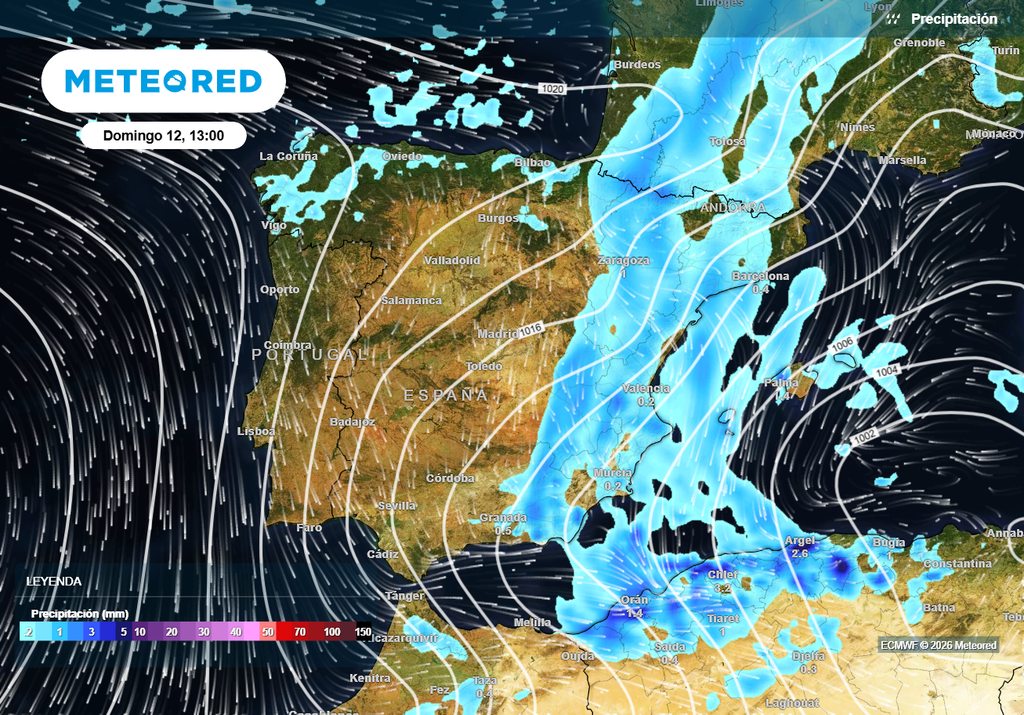Las precipitaciones se acumularán en la primera mitad del domingo en el este y Baleares.