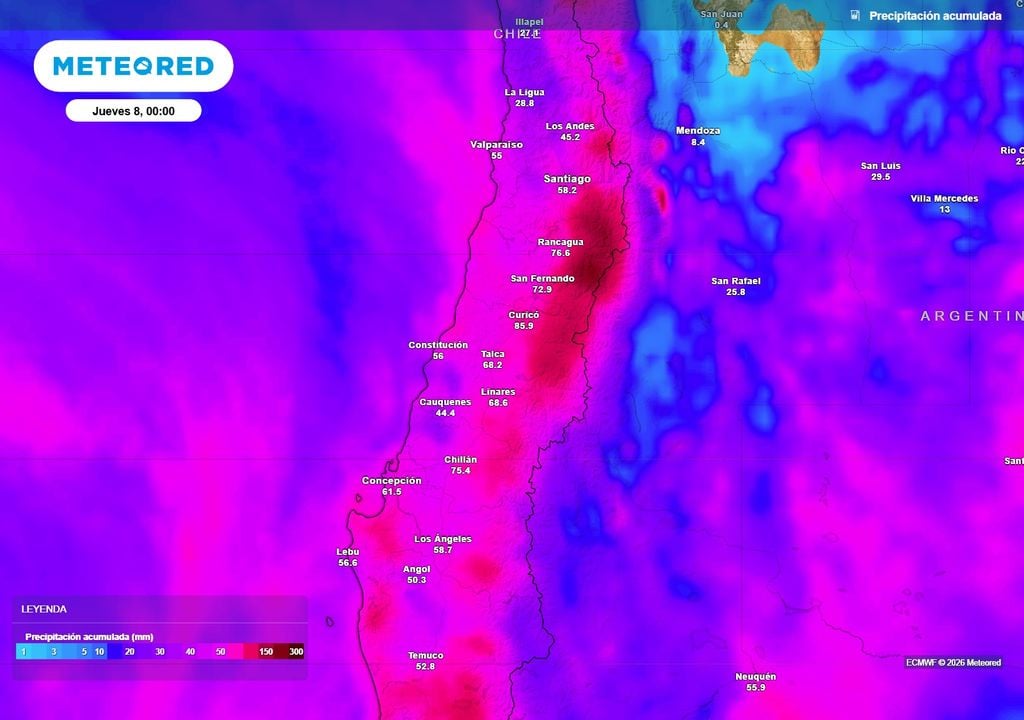 Lo más intenso de este evento de lluvias será en los sectores precordilleranos de las regiones de Valparaíso, Metropolitana y O'Higgins.