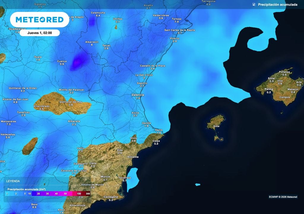 Precipitación acumulada prevista por el modelo europeo hasta la medianoche del miércoles. Los mayores acumulados de precipitación se esperan en la mitad norte de la Comunidad (Valencia y Castellón).