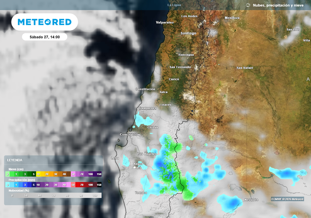 Durante el sábado podrían registrarse algunas precipitaciones debiles y dispersas en el centro-sur, antes de que la alta presión gane fuerza y barra la nubosidad.