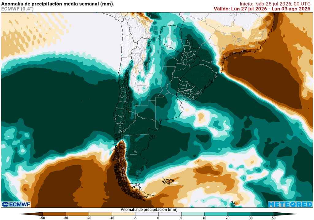 Pronóstico Clima Tiempo Argentina ECMWF Anomalía de precipitaciones prevista para los próximos 7 días según el modelo ECMWF