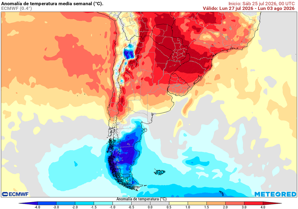 Pronóstico Clima Tiempo Argentina ECMWF Anomalía de temperatura prevista para los próximos 7 días según el modelo ECMWF