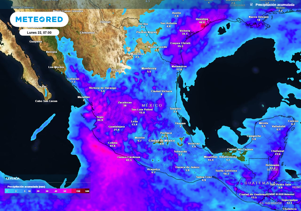 Pronóstico de precipitaciones acumuladas El occidente seguirá recibiendo intensas lluvias superando 70 mm, mientras el noreste, centro, oriente y sureste serán dispersas de 20-50 mm.