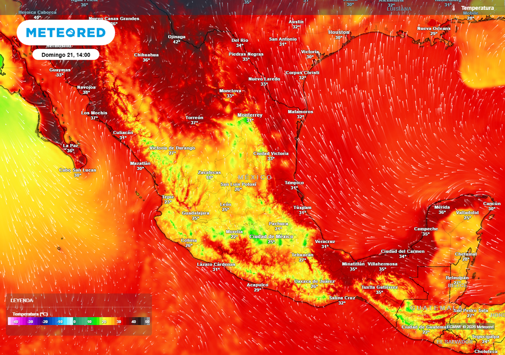 Pronóstico de temperaturas en grados Celsius El intenso calor dominará el norte y sureste con más de 40 °C, alcanzando bochorno de 50 °C en el Golfo de México, estando más fresco el Altiplano con 15-25 °C.